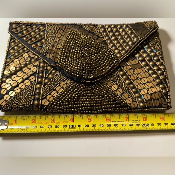 Nice Retro Brass Copper Tone Metallic Beaded Clutch Purse Bag Forever 21 - Picture 11 of 12